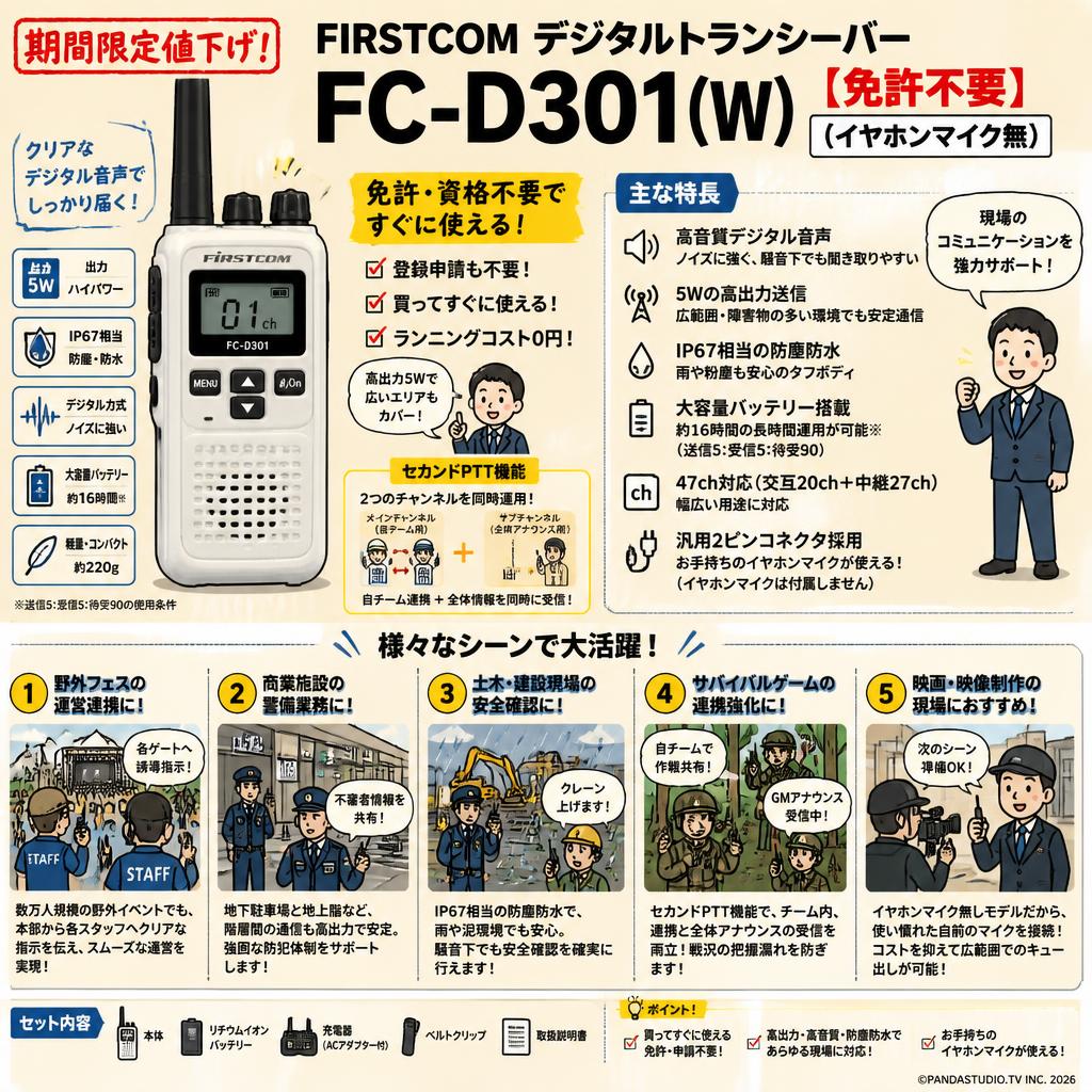 【期間限定値下げ】FIRSTCOM デジタルトランシーバー  FC-D301(W)【免許不要】（イヤホンマイク無） 用途