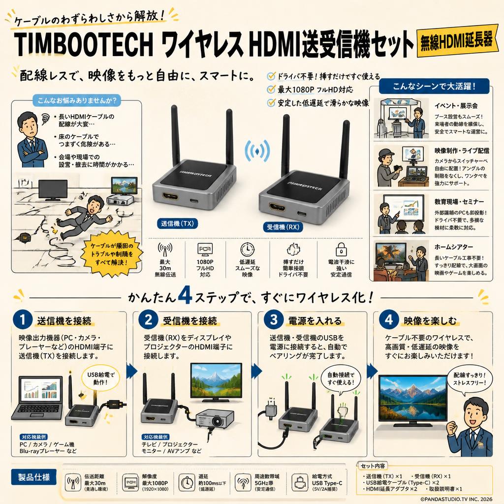 TIMBOOTECH ワイヤレス HDMI送受信機セット【 無線HDMI延長器】‎グレー おもな対象のお客様