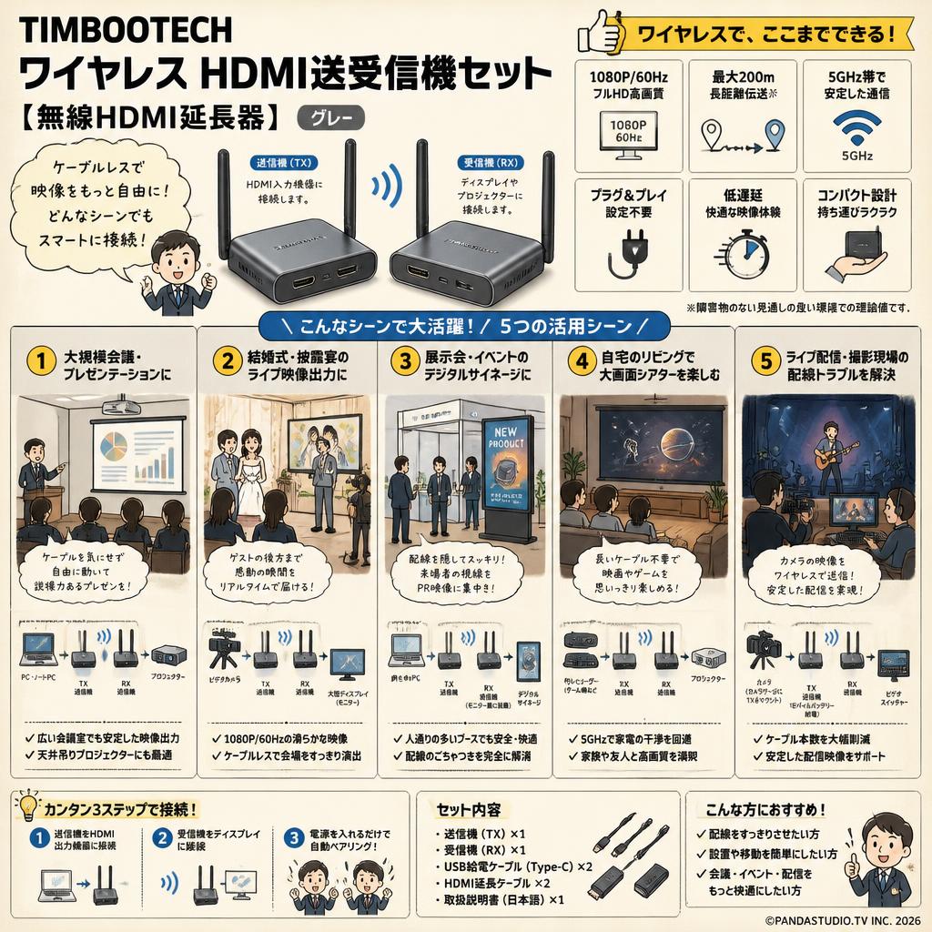 TIMBOOTECH ワイヤレス HDMI送受信機セット【 無線HDMI延長器】‎グレー 用途