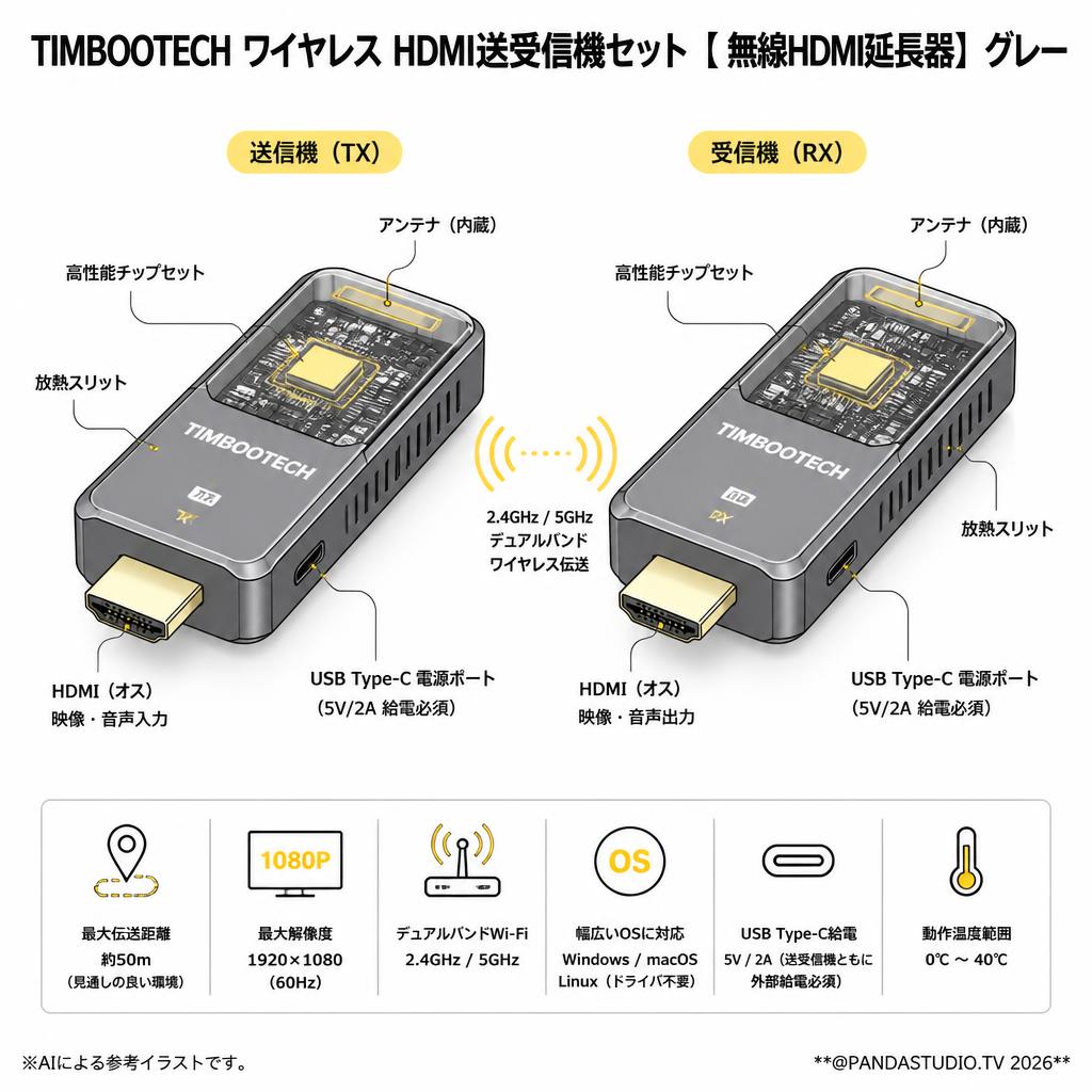 TIMBOOTECH ワイヤレス HDMI送受信機セット【 無線HDMI延長器】‎グレー スペック