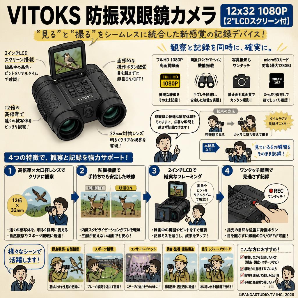 VITOKS 防振双眼鏡カメラ 12x32 1080P【2"LCDスクリーン付】 概要