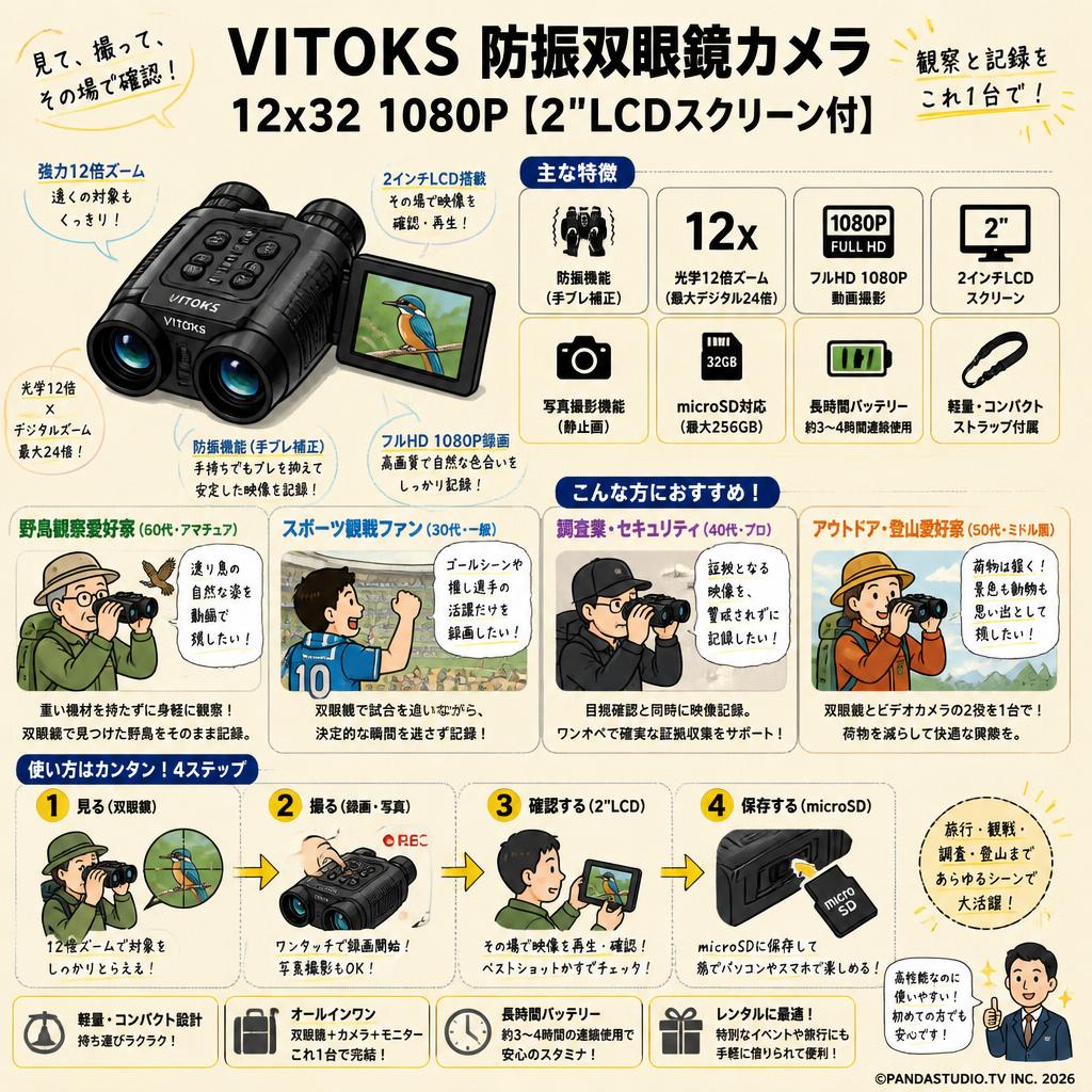 VITOKS 防振双眼鏡カメラ 12x32 1080P【2"LCDスクリーン付】 おもな対象のお客様