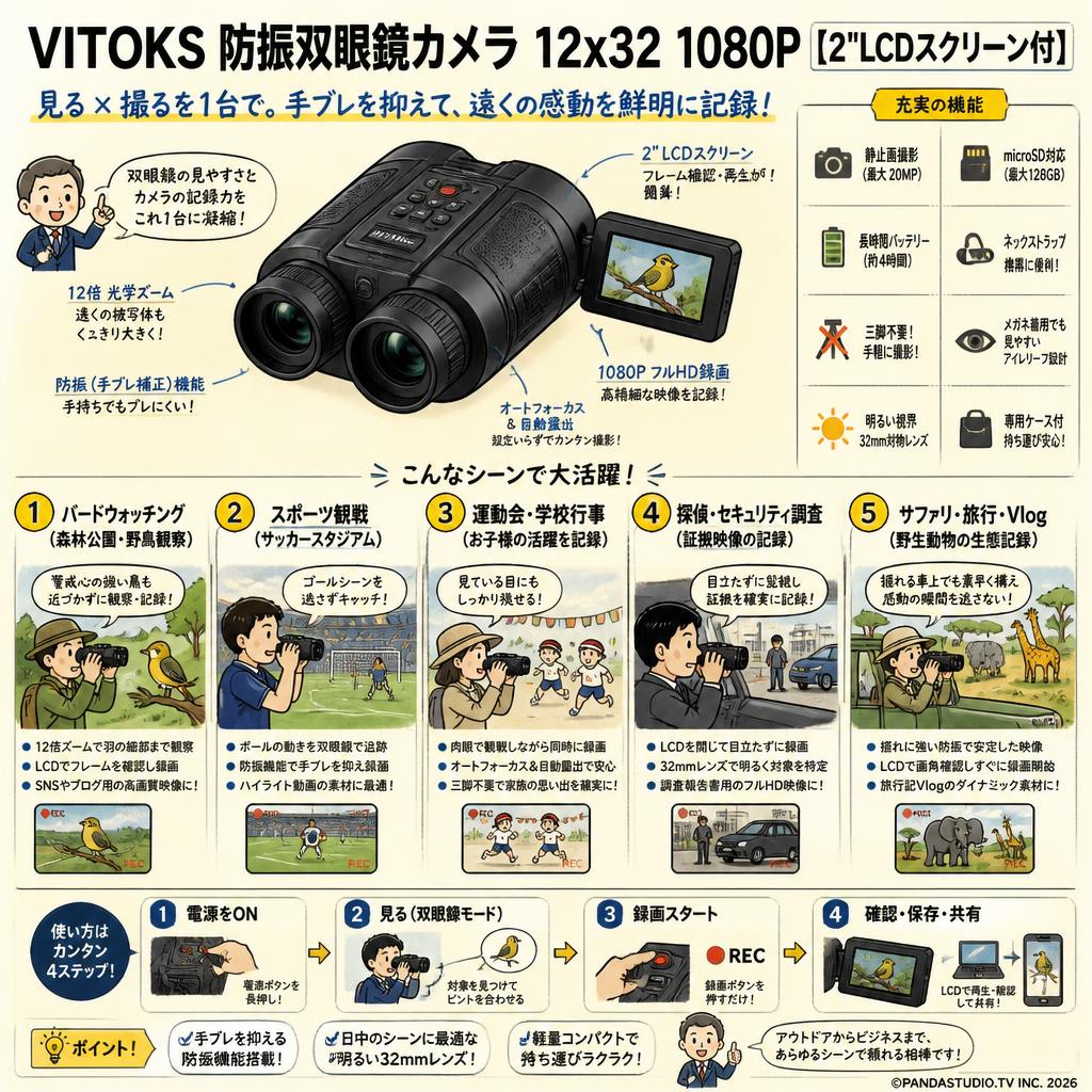 VITOKS 防振双眼鏡カメラ 12x32 1080P【2"LCDスクリーン付】 用途