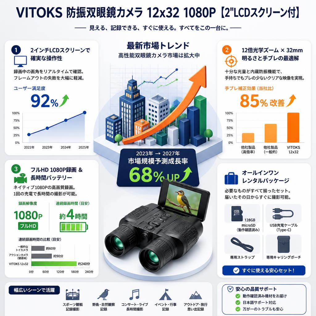 VITOKS 防振双眼鏡カメラ 12x32 1080P【2"LCDスクリーン付】 セールスポイント