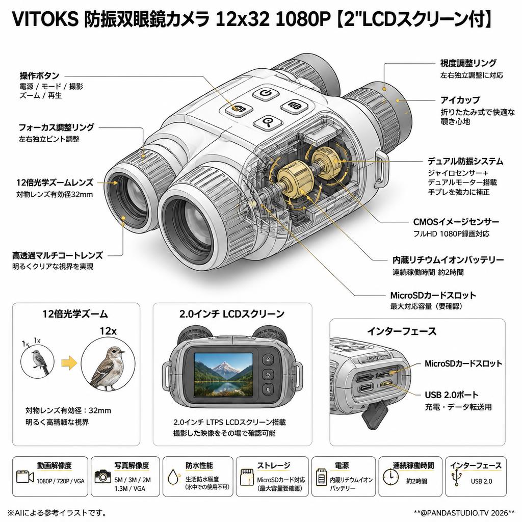 VITOKS 防振双眼鏡カメラ 12x32 1080P【2"LCDスクリーン付】 スペック
