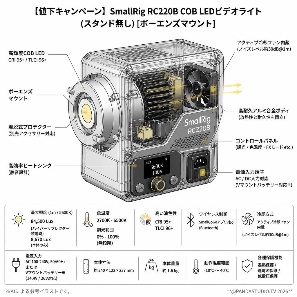 【値下キャンペーン】SmallRig RC220B COB LEDビデオライト (スタンド無し)[ボーエンズマウント] スペック