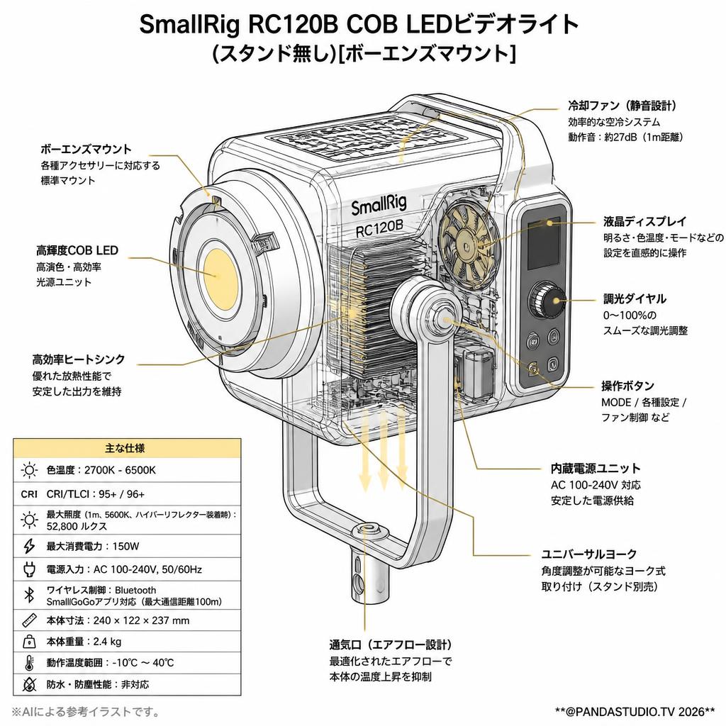 SmallRig RC120B COB LEDビデオライト (スタンド無し)[ボーエンズマウント] スペック