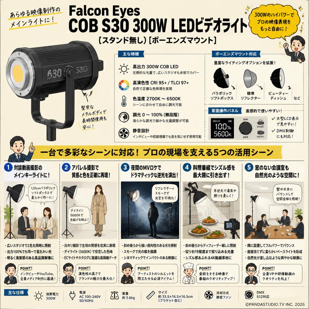 Falcon Eyes COB S30 300W LEDビデオライト (スタンド無し)[ボーエンズマウント] 用途