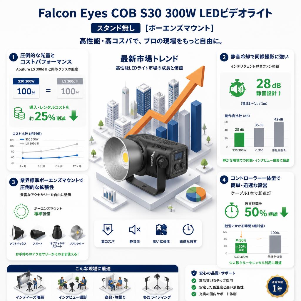 Falcon Eyes COB S30 300W LEDビデオライト (スタンド無し)[ボーエンズマウント] セールスポイント