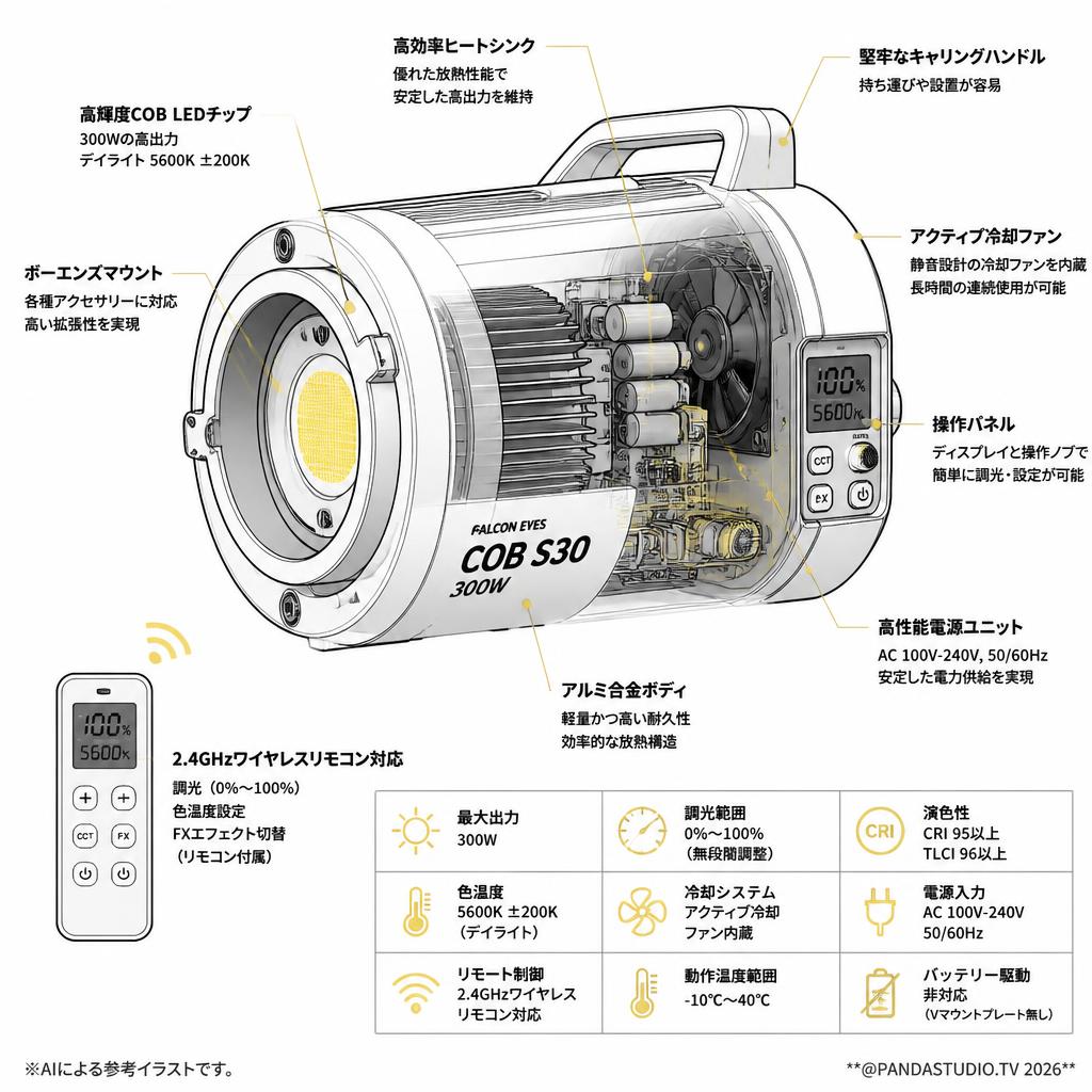 Falcon Eyes COB S30 300W LEDビデオライト (スタンド無し)[ボーエンズマウント] スペック