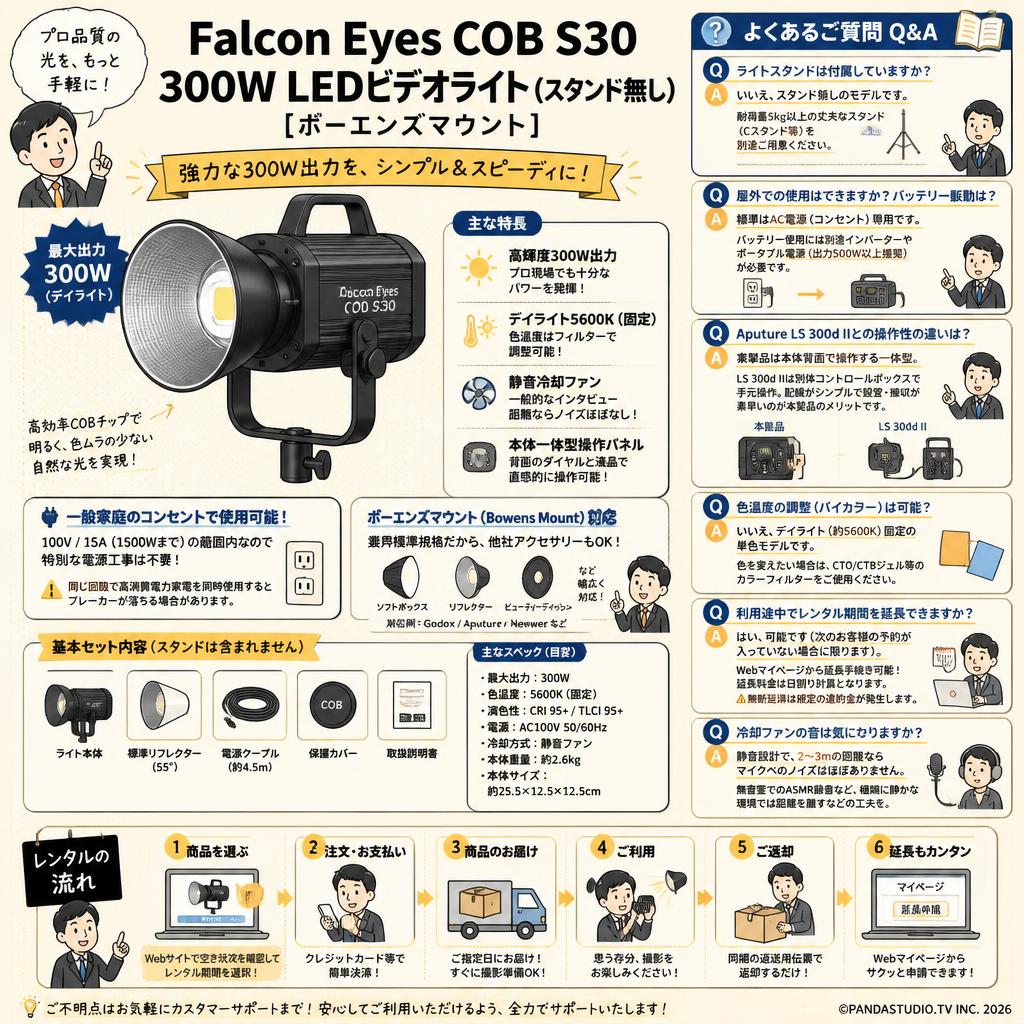 Falcon Eyes COB S30 300W LEDビデオライト (スタンド無し)[ボーエンズマウント] FAQ（よくある質問と答え）