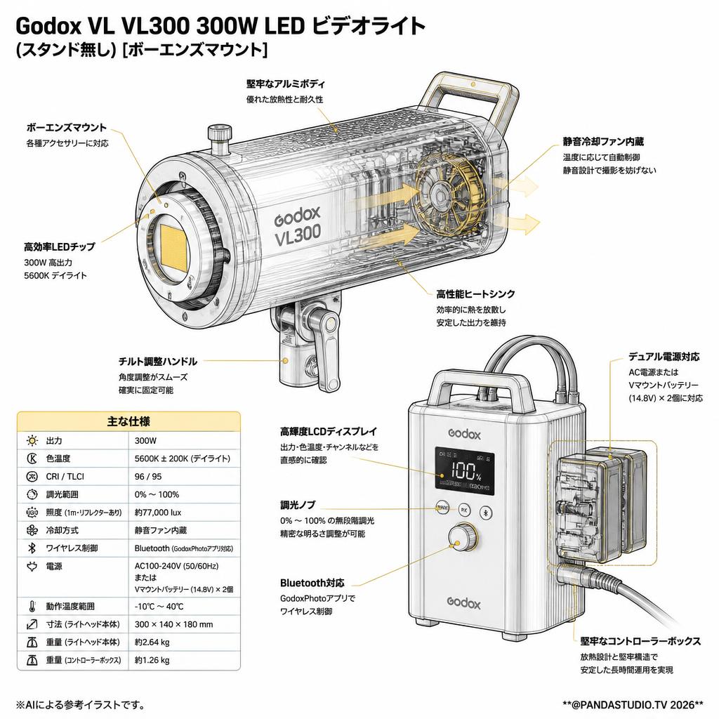 Godox VL VL300 300W LED ビデオライト (スタンド無し)[ボーエンズマウント] スペック