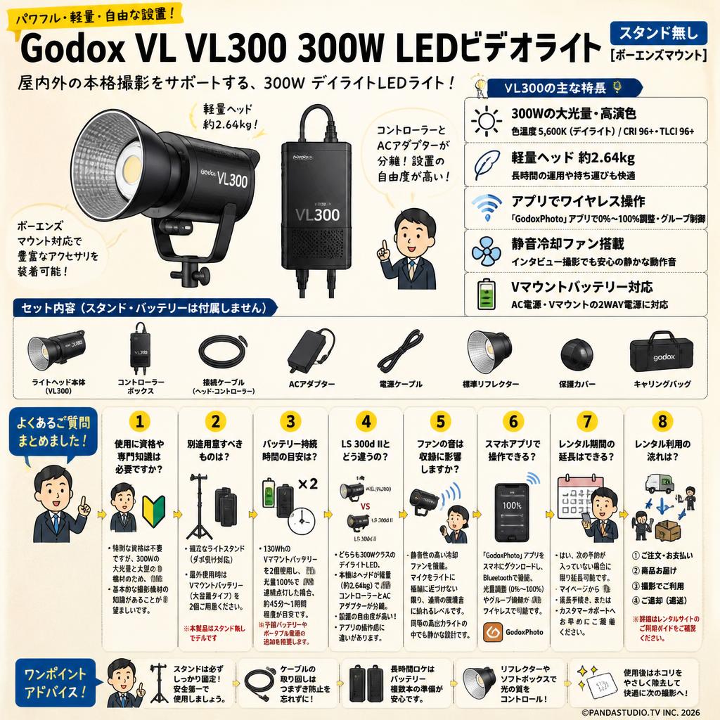 Godox VL VL300 300W LED ビデオライト (スタンド無し)[ボーエンズマウント] FAQ（よくある質問と答え）