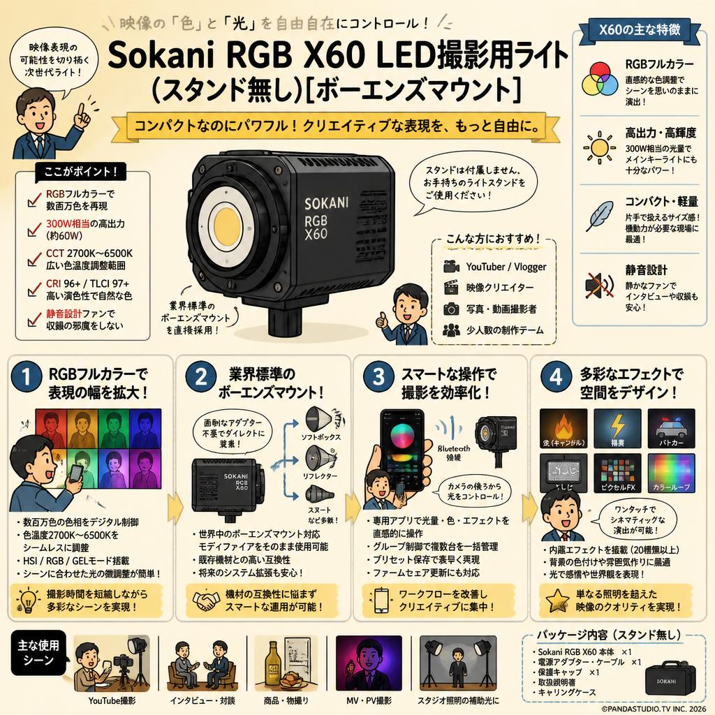 Sokani RGB X60 LED撮影用ライト(スタンド無し)[ボーエンズマウント] 概要