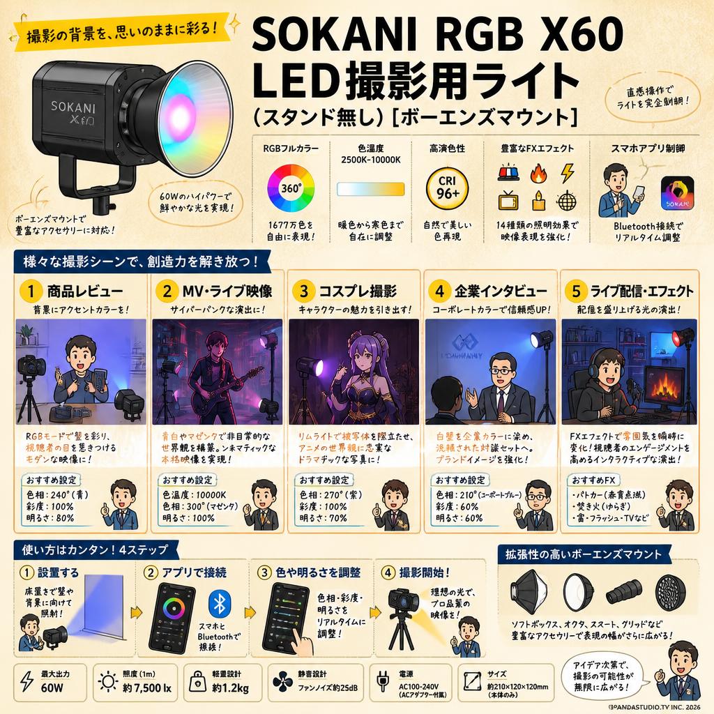 Sokani RGB X60 LED撮影用ライト(スタンド無し)[ボーエンズマウント] 用途