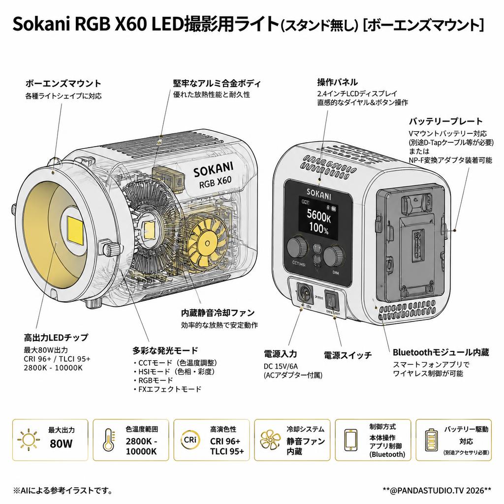 Sokani RGB X60 LED撮影用ライト(スタンド無し)[ボーエンズマウント] スペック