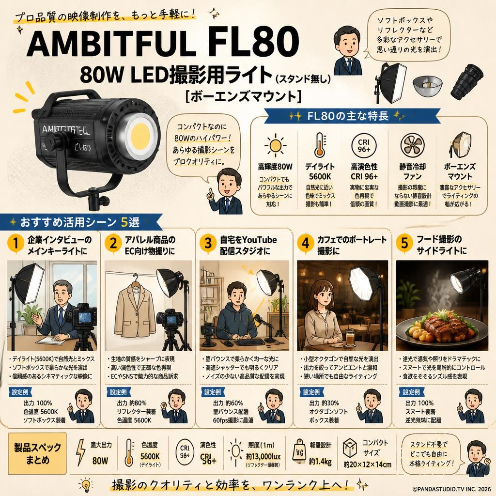 AMBITFUL FL80 80W LED撮影用ライト(スタンド無し)[ボーエンズマウント] 用途
