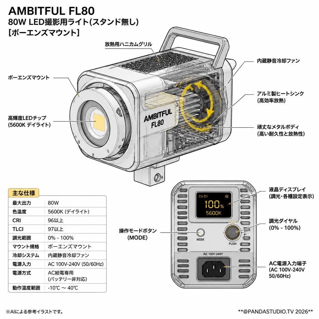 AMBITFUL FL80 80W LED撮影用ライト(スタンド無し)[ボーエンズマウント] スペック