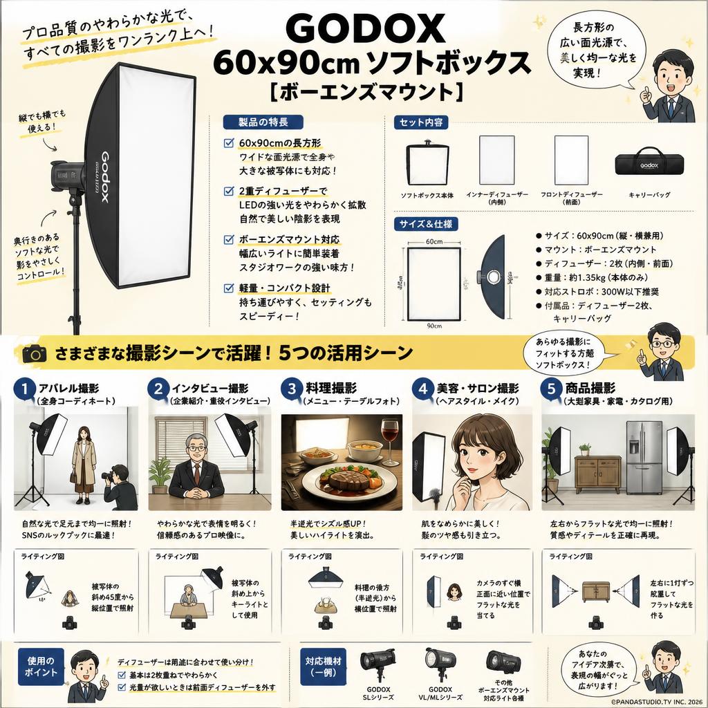 GODOX 60x90cm ソフトボックス [ボーエンズマウント] 用途