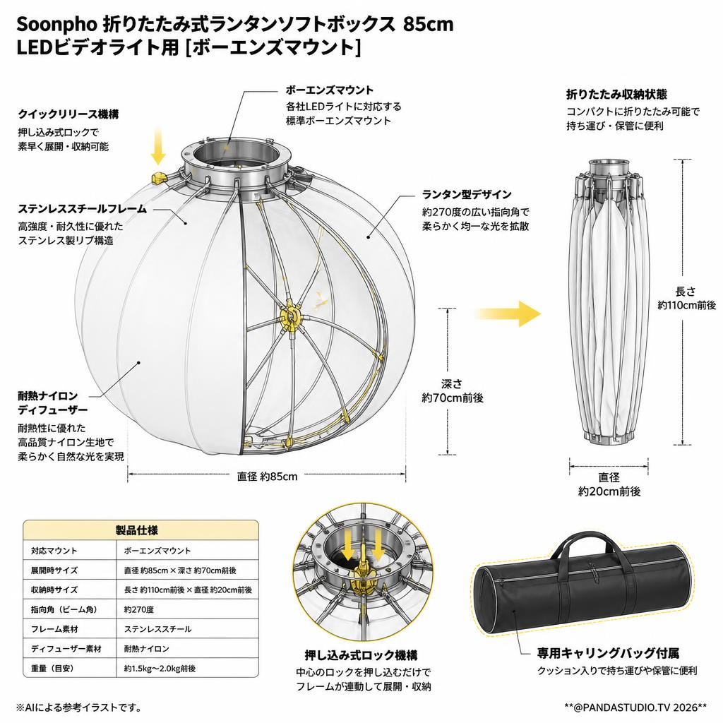 Soonpho 折りたたみ式ランタンソフトボックス 85cm LEDビデオライト用 [ボーエンズマウント] スペック