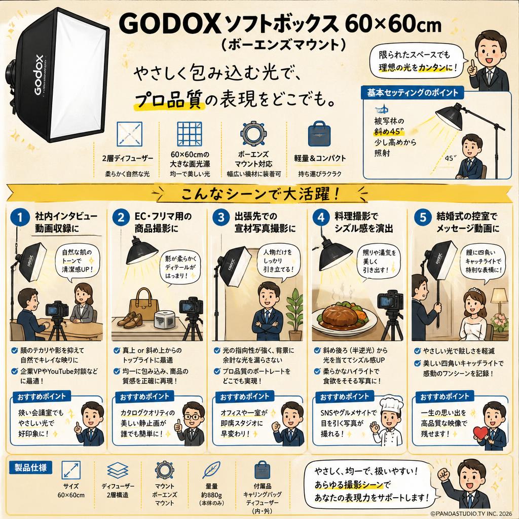 GODOX ソフトボックス 60 x 60 cm (ボーエンズマウント） 用途