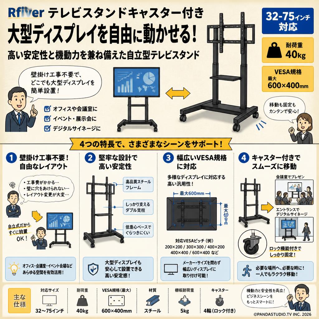 Rfiver テレビスタンドキャスター付き（32-75インチ対応）【耐荷重40kg】VESA600X400mm 概要