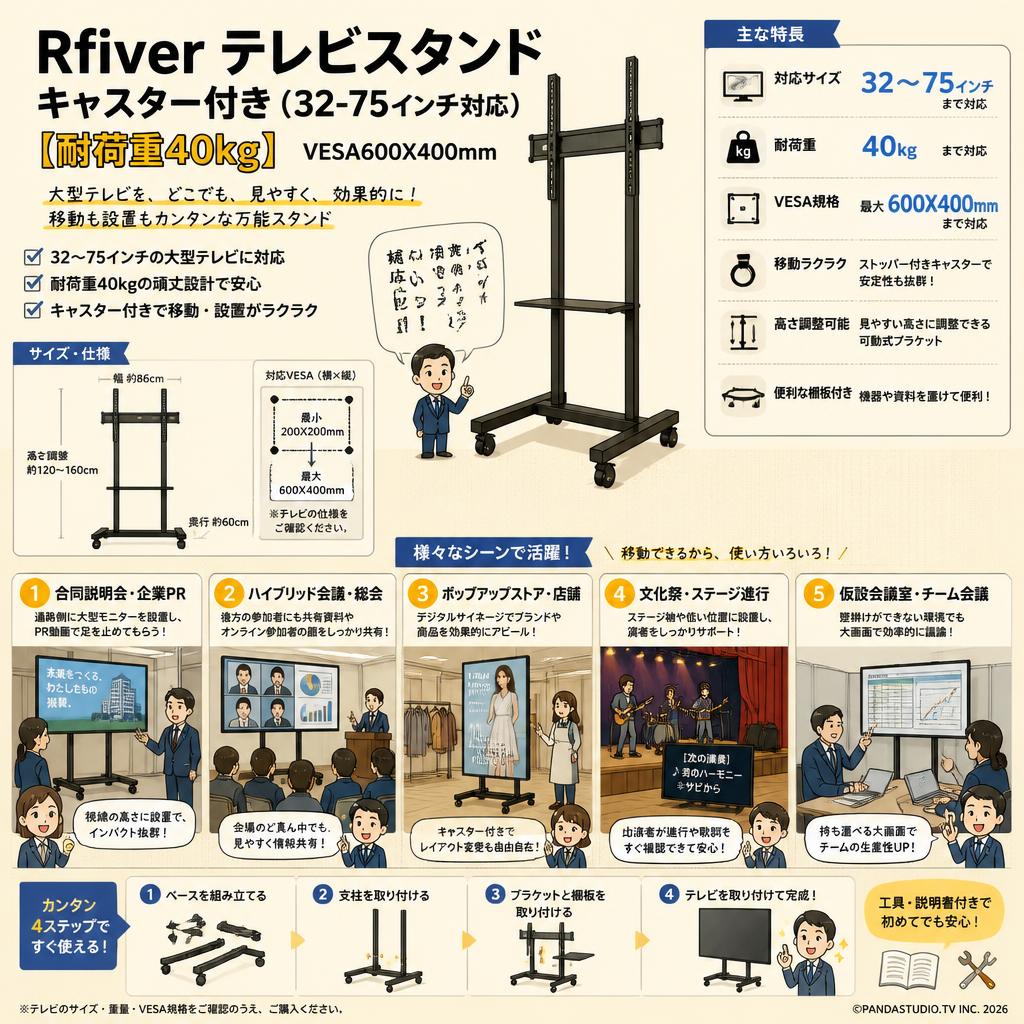 Rfiver テレビスタンドキャスター付き（32-75インチ対応）【耐荷重40kg】VESA600X400mm 用途