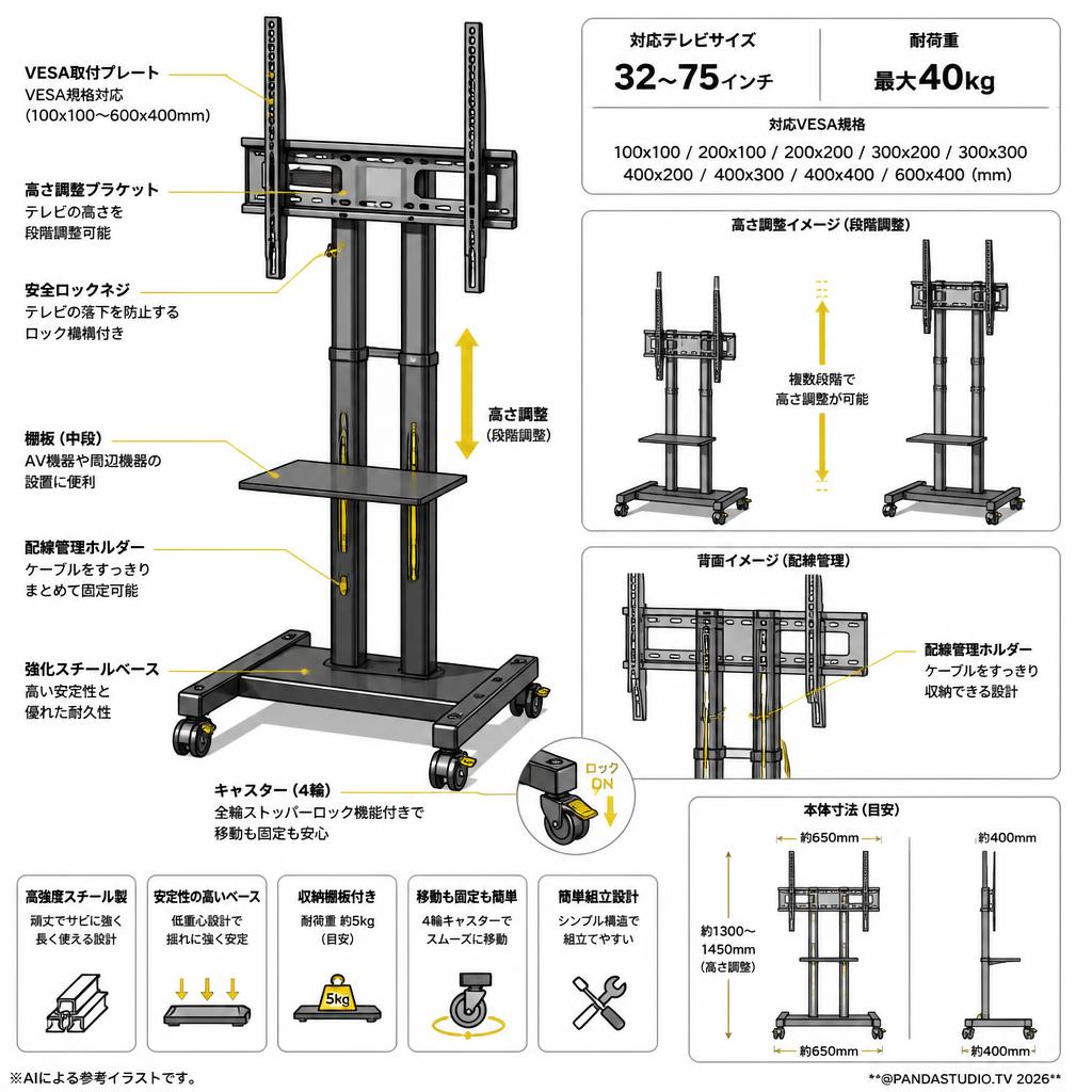 Rfiver テレビスタンドキャスター付き（32-75インチ対応）【耐荷重40kg】VESA600X400mm スペック