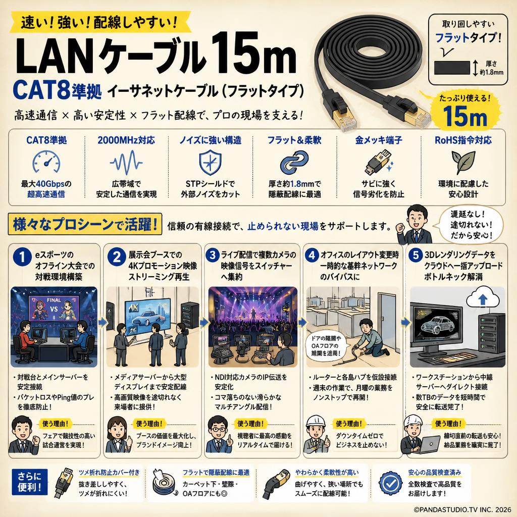 LANケーブル15m CAT8準拠 イーサネットケーブル（フラットタイプ） 用途