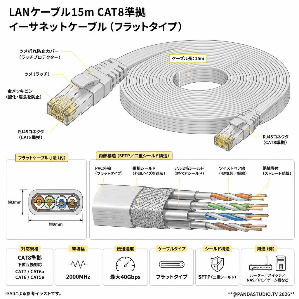 LANケーブル15m CAT8準拠 イーサネットケーブル（フラットタイプ） スペック