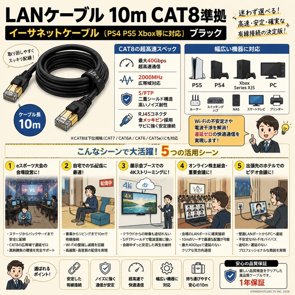 LANケーブル 10m CAT8準拠 イーサネットケーブル【 (PS4 PS5 Xbox等に対応)】ブラック 用途