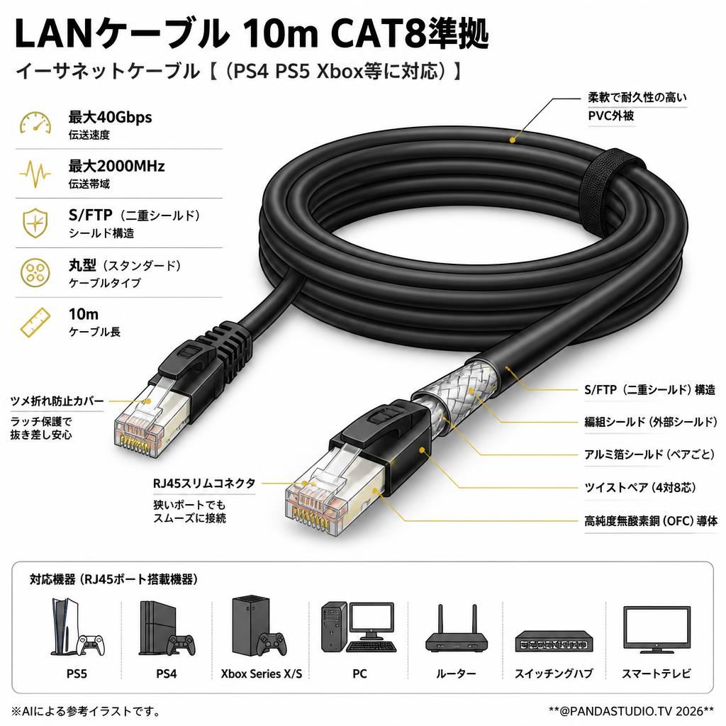 LANケーブル 10m CAT8準拠 イーサネットケーブル【 (PS4 PS5 Xbox等に対応)】ブラック スペック