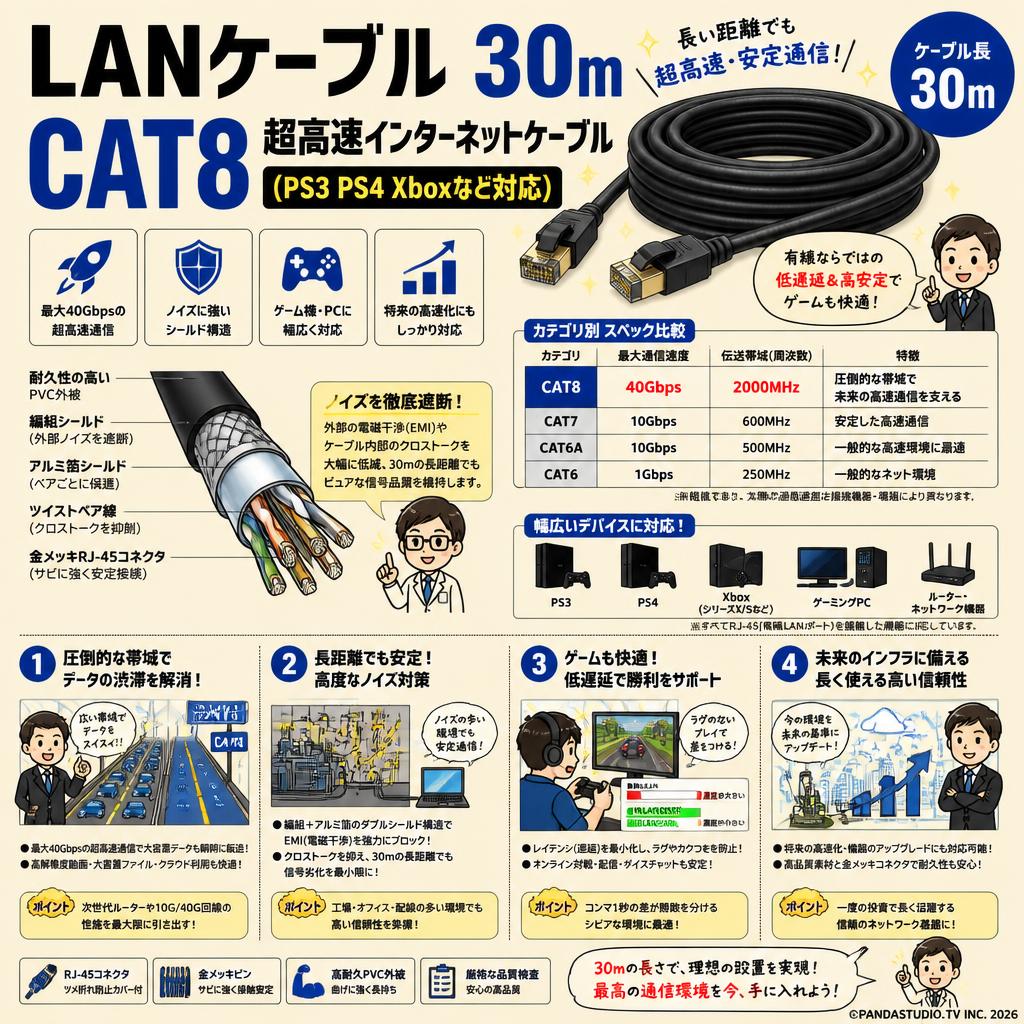 LANケーブル 30m CAT8  超高速インターネットケーブル 【 (PS3 PS4 Xboxなど対応)】 概要