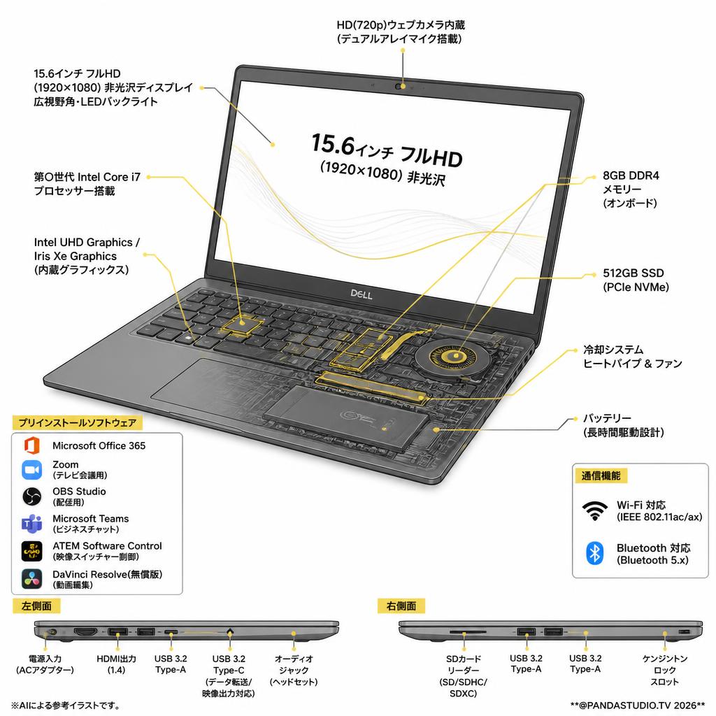 Dell Inspiron15 3000  【Office365 / テレビ会議用Zoom / 配信用OBS  / Microsoft Teams / ATEM Software Control / 無償版 動画編集DaVinci Resolveインストール済】(Corei7 Windows11 Home 15.6 フルHD 8GBメモリー512GB SSD) スペック
