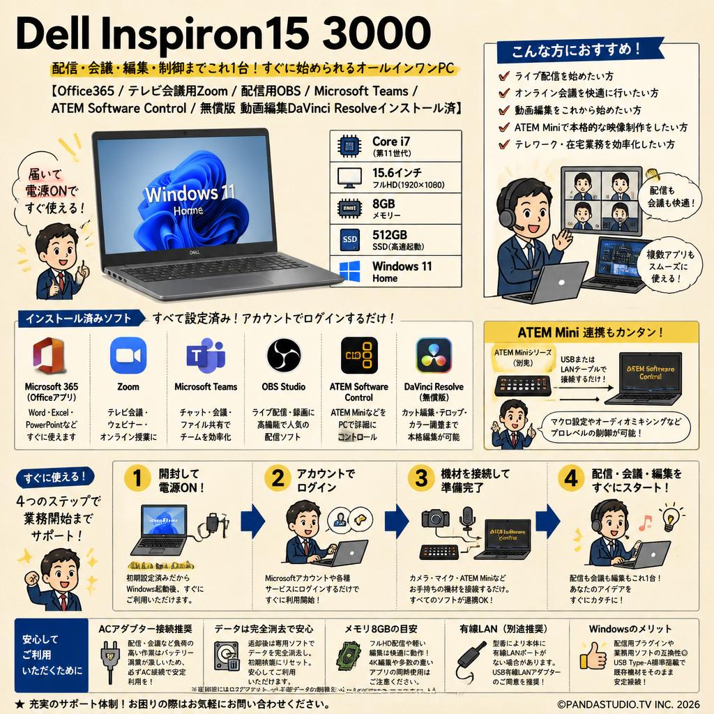 Dell Inspiron15 3000  【Office365 / テレビ会議用Zoom / 配信用OBS  / Microsoft Teams / ATEM Software Control / 無償版 動画編集DaVinci Resolveインストール済】(Corei7 Windows11 Home 15.6 フルHD 8GBメモリー512GB SSD) FAQ（よくある質問と答え）