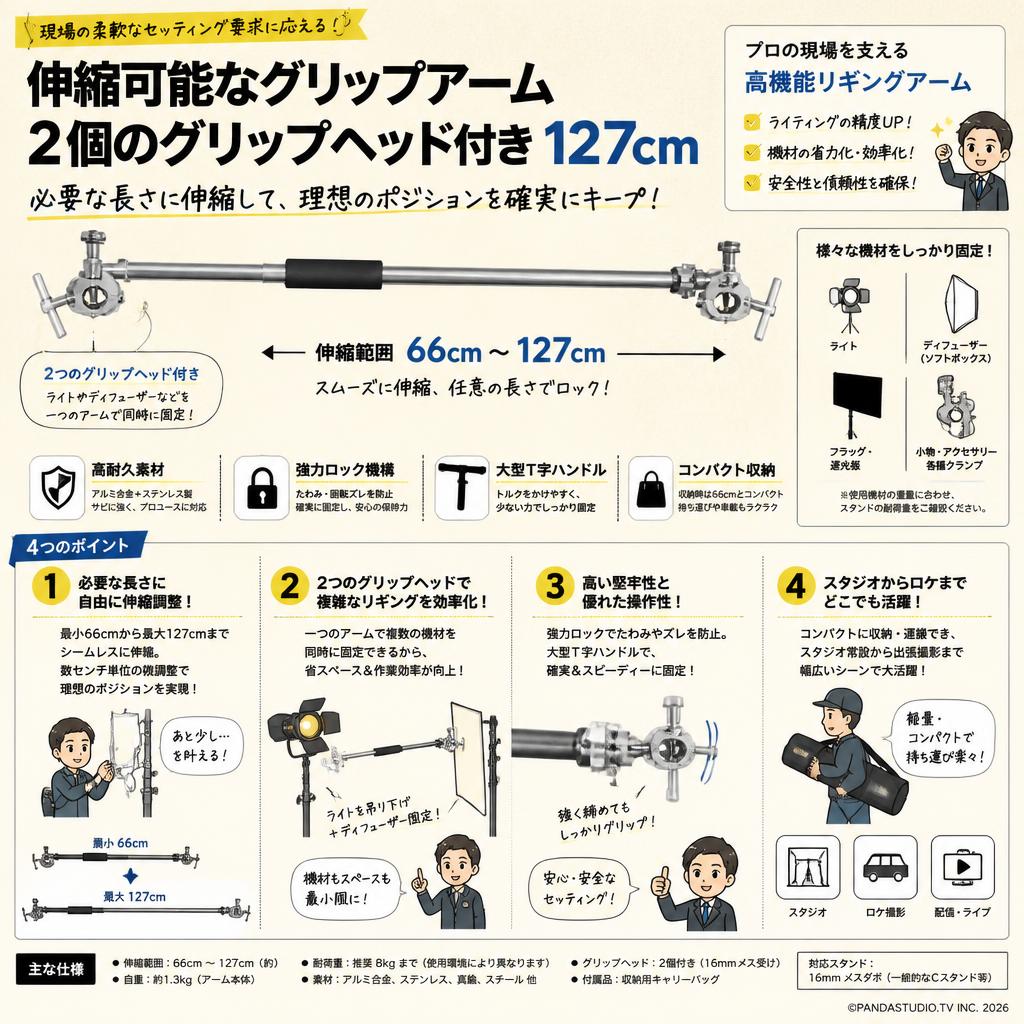 伸縮可能なグリップアーム 2個のグリップヘッド付き 127cm 概要