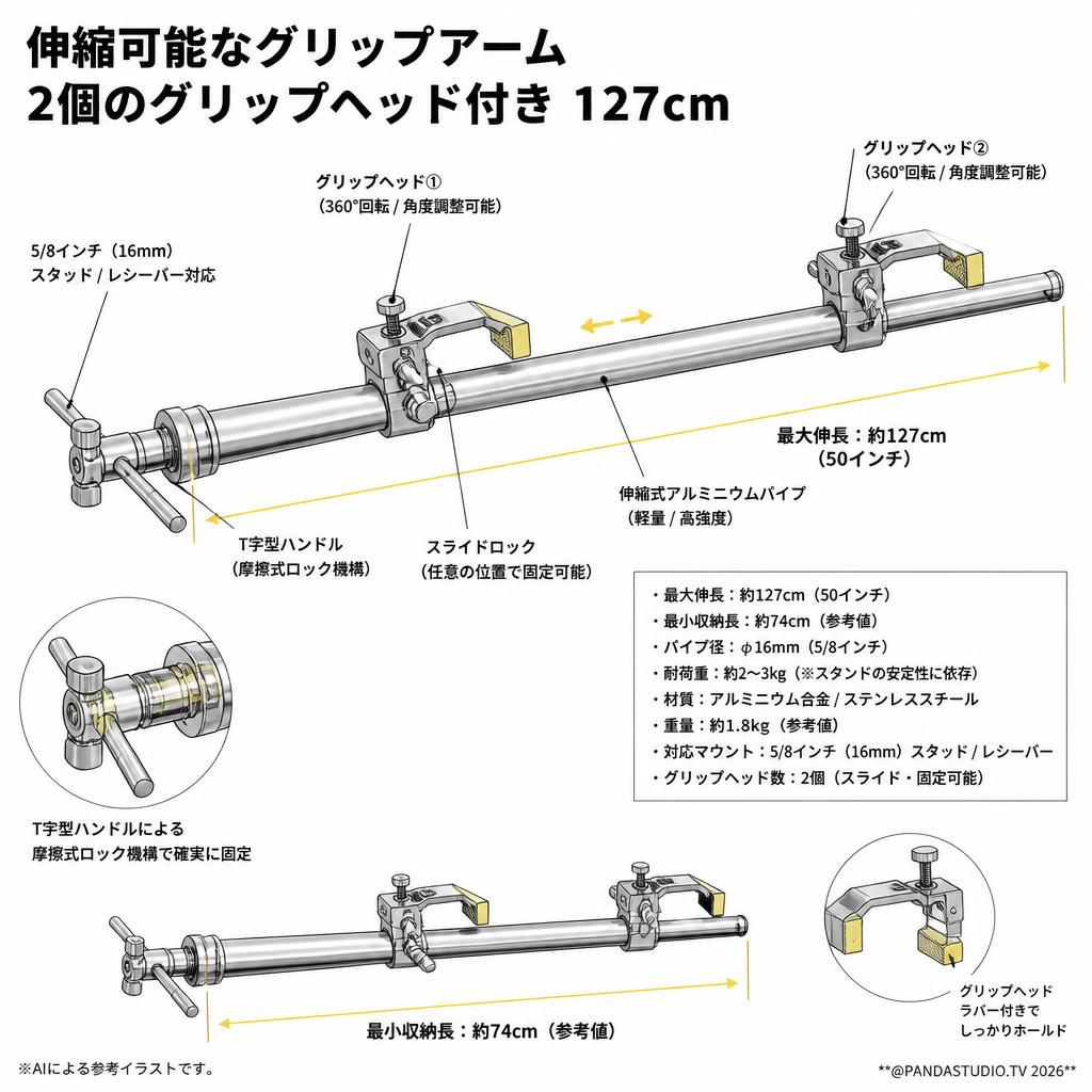 伸縮可能なグリップアーム 2個のグリップヘッド付き 127cm スペック