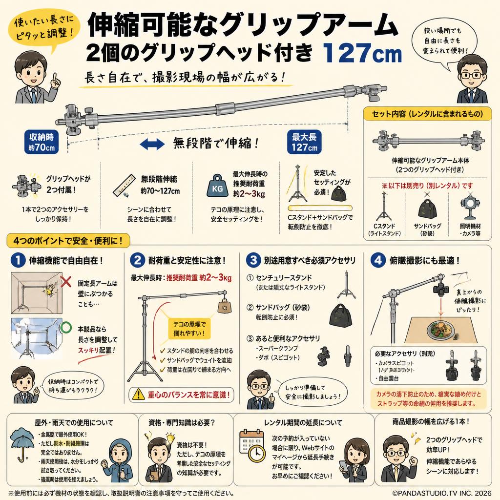 伸縮可能なグリップアーム 2個のグリップヘッド付き 127cm FAQ（よくある質問と答え）