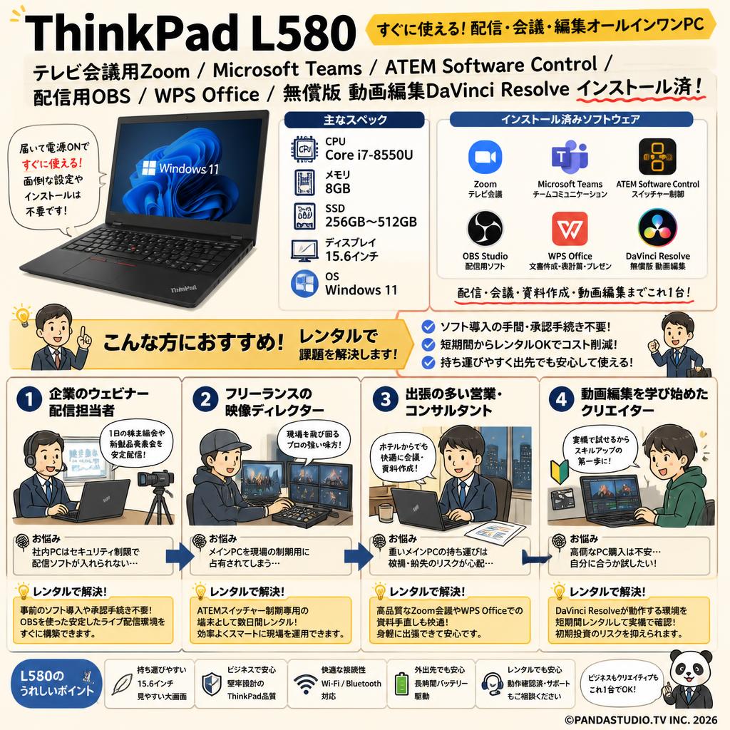 ThinkPad  L580【 テレビ会議用Zoom / Microsoft Teams / ATEM Software Control / 配信用OBS /WPS Office / 無償版 動画編集DaVinci Resolve インストール済】（Core_i7_8550u /メモリ:8GB/SSD:256GB~512GB15.6インチ) Windows11 おもな対象のお客様