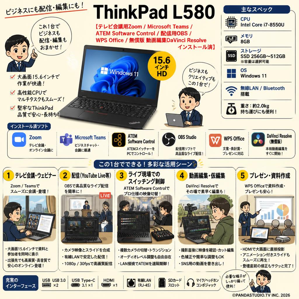 ThinkPad  L580【 テレビ会議用Zoom / Microsoft Teams / ATEM Software Control / 配信用OBS /WPS Office / 無償版 動画編集DaVinci Resolve インストール済】（Core_i7_8550u /メモリ:8GB/SSD:256GB~512GB15.6インチ) Windows11 用途