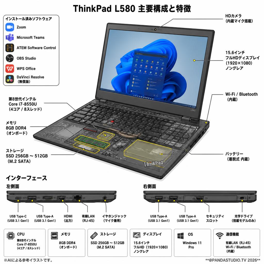 ThinkPad  L580【 テレビ会議用Zoom / Microsoft Teams / ATEM Software Control / 配信用OBS /WPS Office / 無償版 動画編集DaVinci Resolve インストール済】（Core_i7_8550u /メモリ:8GB/SSD:256GB~512GB15.6インチ) Windows11 スペック