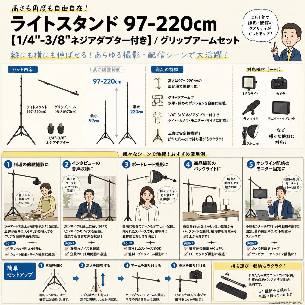 ライトスタンド 97-220cm【1/4"-3/8"ネジアダプター付き】/ グリップアームセット 用途