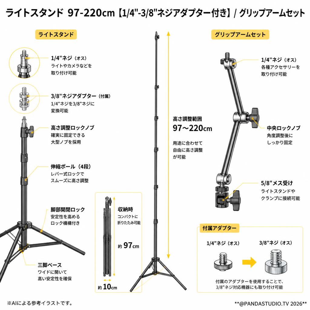 ライトスタンド 97-220cm【1/4"-3/8"ネジアダプター付き】/ グリップアームセット スペック