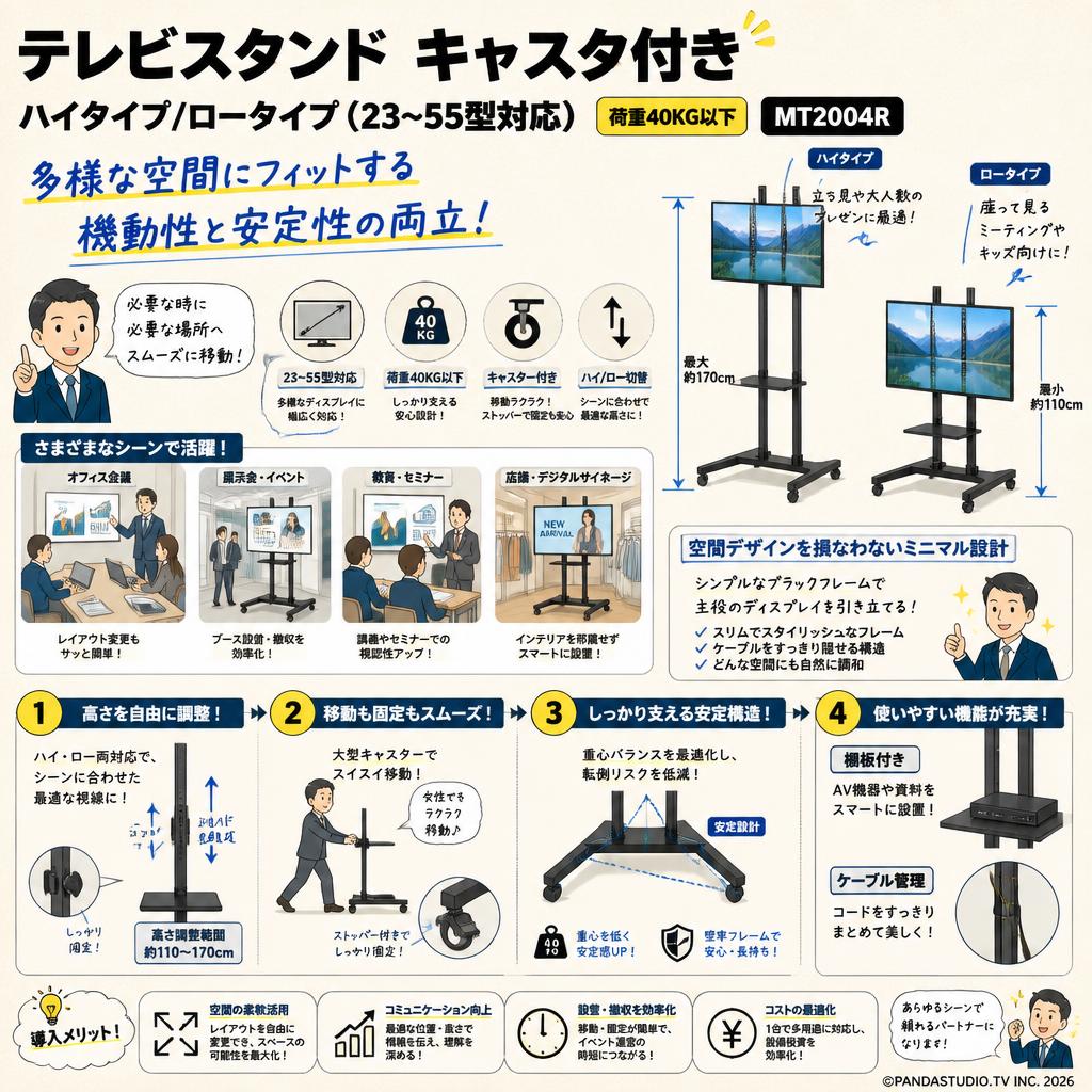 テレビスタンド キャスタ付きー テレビスタンド ハイタイプ/ロータイプ (23~55型対応) 荷重40KG以下 MT2004R 概要