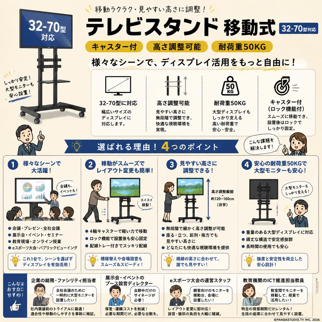テレビスタンド 移動式（32-70型対応）キャスター付 高さ調整可能 耐荷重50KG おもな対象のお客様