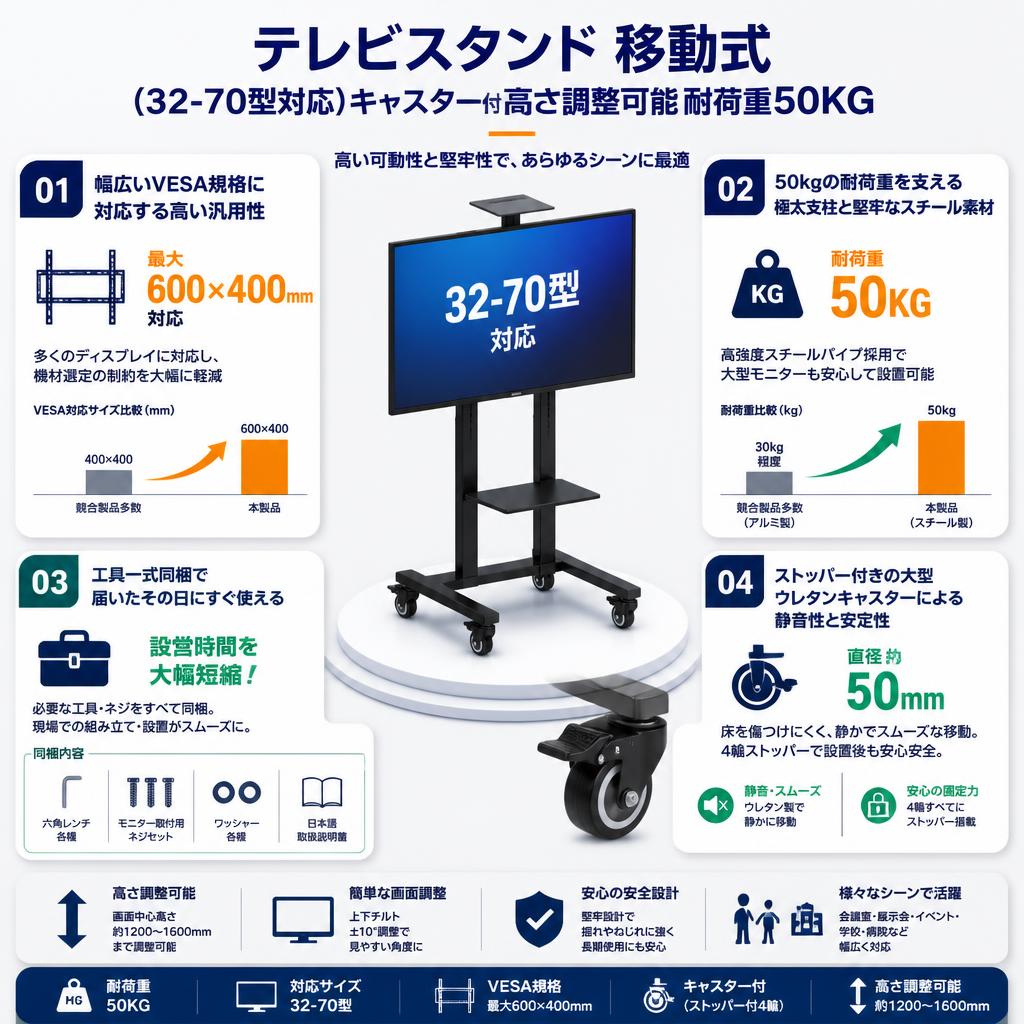 テレビスタンド 移動式（32-70型対応）キャスター付 高さ調整可能 耐荷重50KG セールスポイント