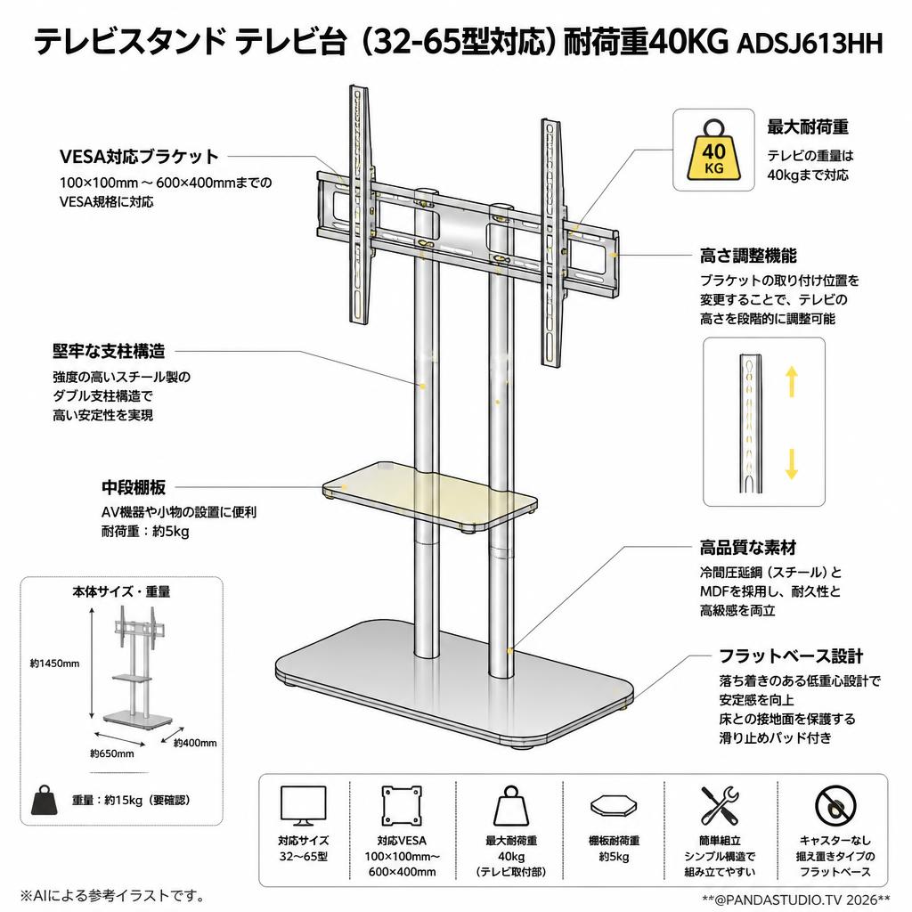 テレビスタンド テレビ台（32-65型対応）耐荷重40KG ADSJ613HH スペック