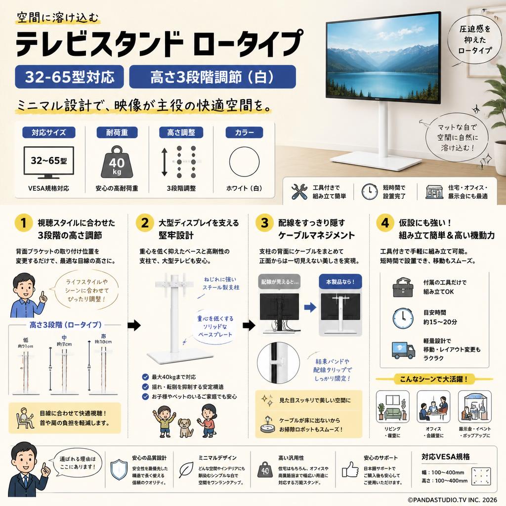 テレビスタンド ロータイプ（32-65型対応）高さ3段階調節（白） 概要