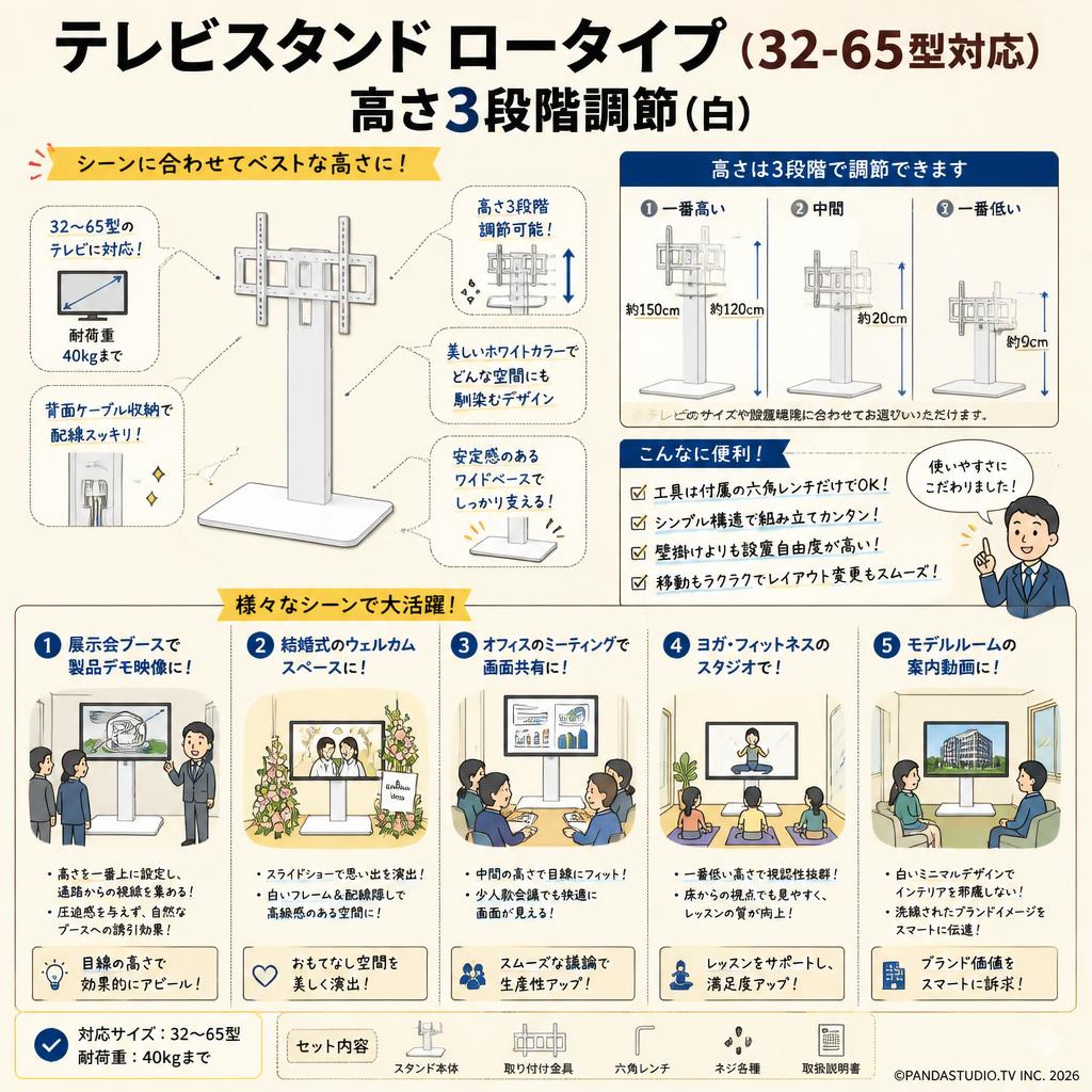 テレビスタンド ロータイプ（32-65型対応）高さ3段階調節（白） 用途