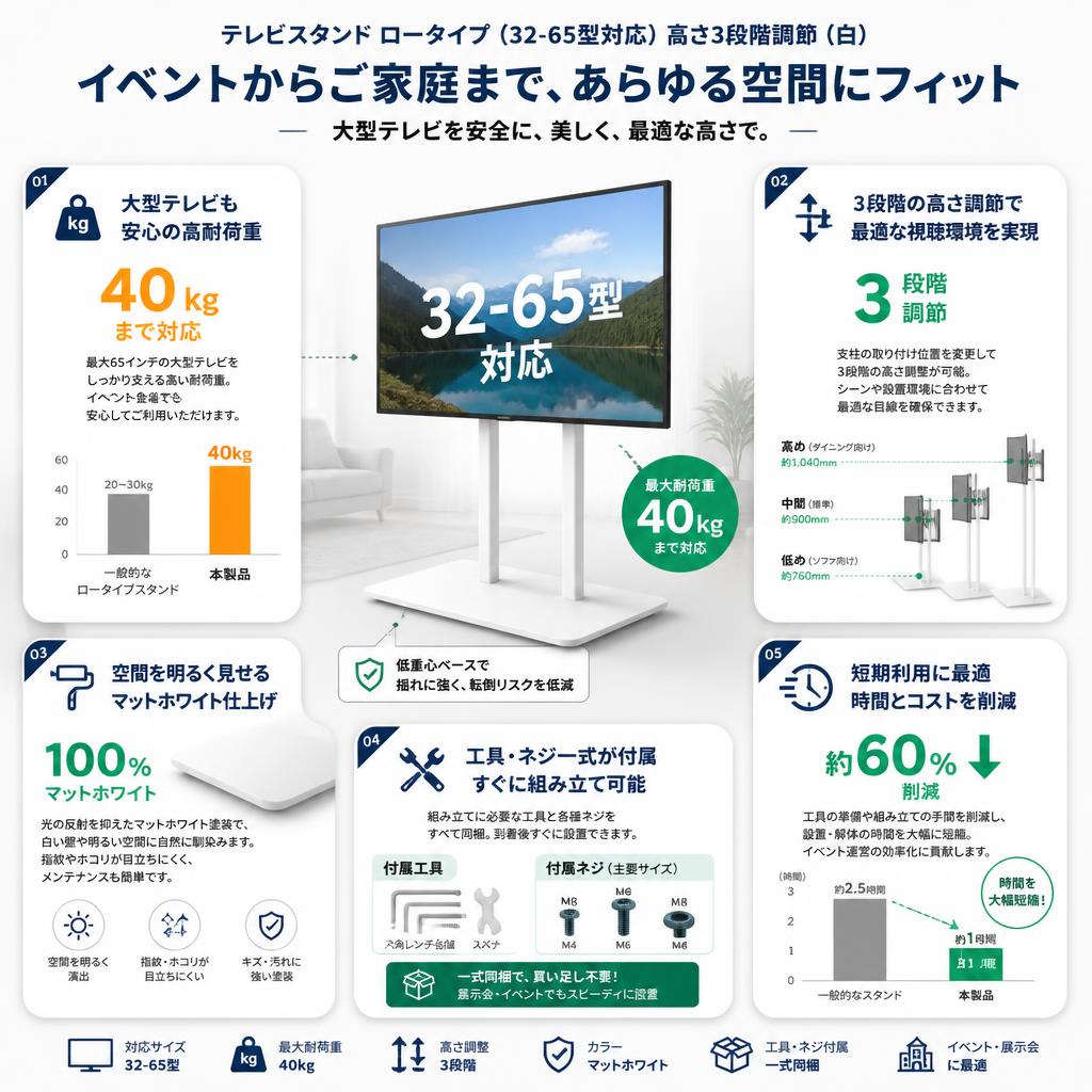 テレビスタンド ロータイプ（32-65型対応）高さ3段階調節（白） セールスポイント